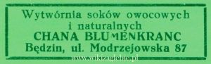 Reklama 1937 Będzin Wtwórnia Soków Owocowych i Naturalnych Chana Blumenkranc 01.jpg