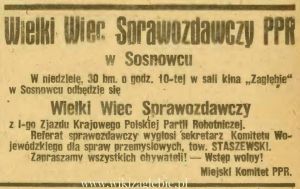 Reklama 1945 Sosnowiec Wiec Sprawozdawczy PPR 01.JPG