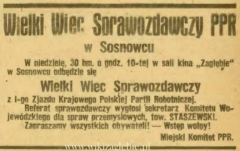 Plik:Reklama 1945 Sosnowiec Wiec Sprawozdawczy PPR 01.JPG