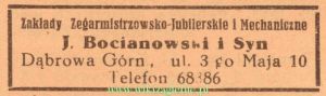 Reklama 1937 Dąbrowa Górnicza Zakłady Zegarmistrzowsko-Jubilereskie i Mechaniczne J. Bocianowski i Syn 01.jpg