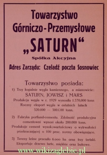 Plik:Reklama 1934 Czeladź Towarzystwo Górniczo-Przemysłowe Saturn 01.jpg