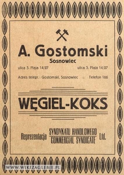 Plik:Reklama-1922-Sosnowiec-Węgiel-Koks-Gostomski.jpg