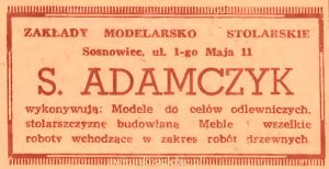 Reklama 1945 Sosnowiec Zakłady Modelarsko Stolarskie S. Adamczyk 01.JPG