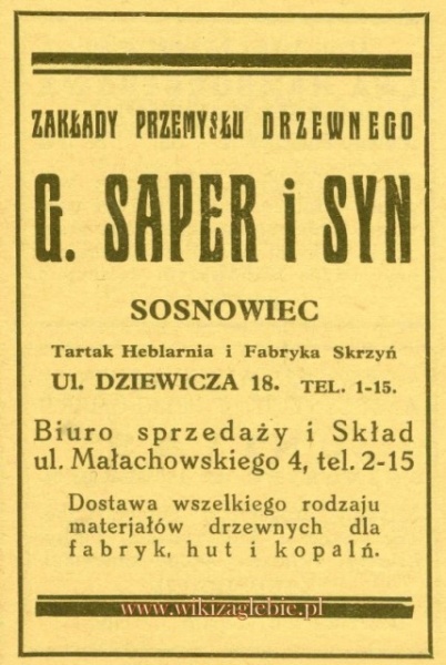 Plik:Reklama 1931 Sosnowiec Zakłady Przemysłu Drzewnego G. Saper i Syn 01.jpg