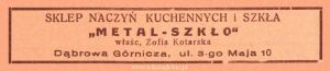 Reklama 1938 Dąbrowa Górnicza Sklep Naczyń Kuchennych i Szkła Metal-Szkło Zofia Kotarska 01.jpg