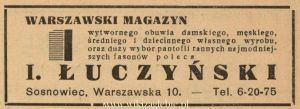 Reklama 1938 Sosnowiec Warszawski Magazyn Obuwia I. Łuszczyński 01.jpg