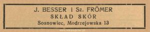 Reklama 1938 Sosnowiec Skład Skór J. Besser i Sz. Fromer 01.jpg