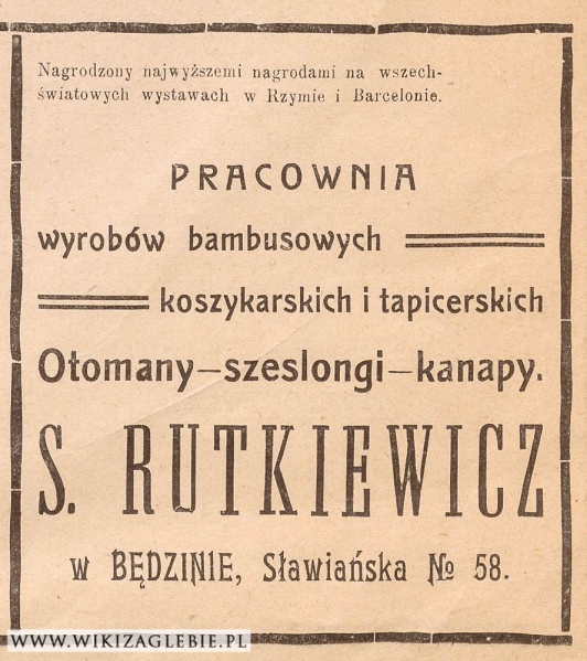 Plik:Reklama 1913 Będzin pracownia wyrobów bambusowych Rutkiewicz.jpg