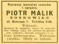 Reklama 1931 Sosnowiec Warsztat Resorów i Sprężyn Piotr Malik 01.jpg